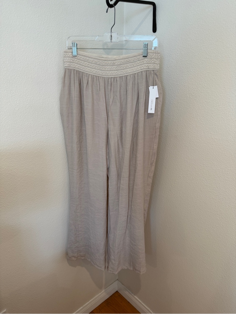 AB Studio Wide-Leg Smocked Waist Pants in Light Beige